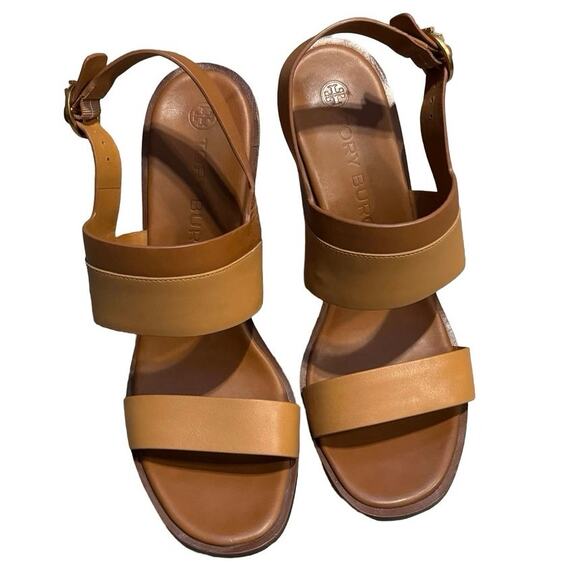Tory Burch Selby brown Wedge Heels Slip On Size 11 two tone leather sandals - Picture 4 of 10